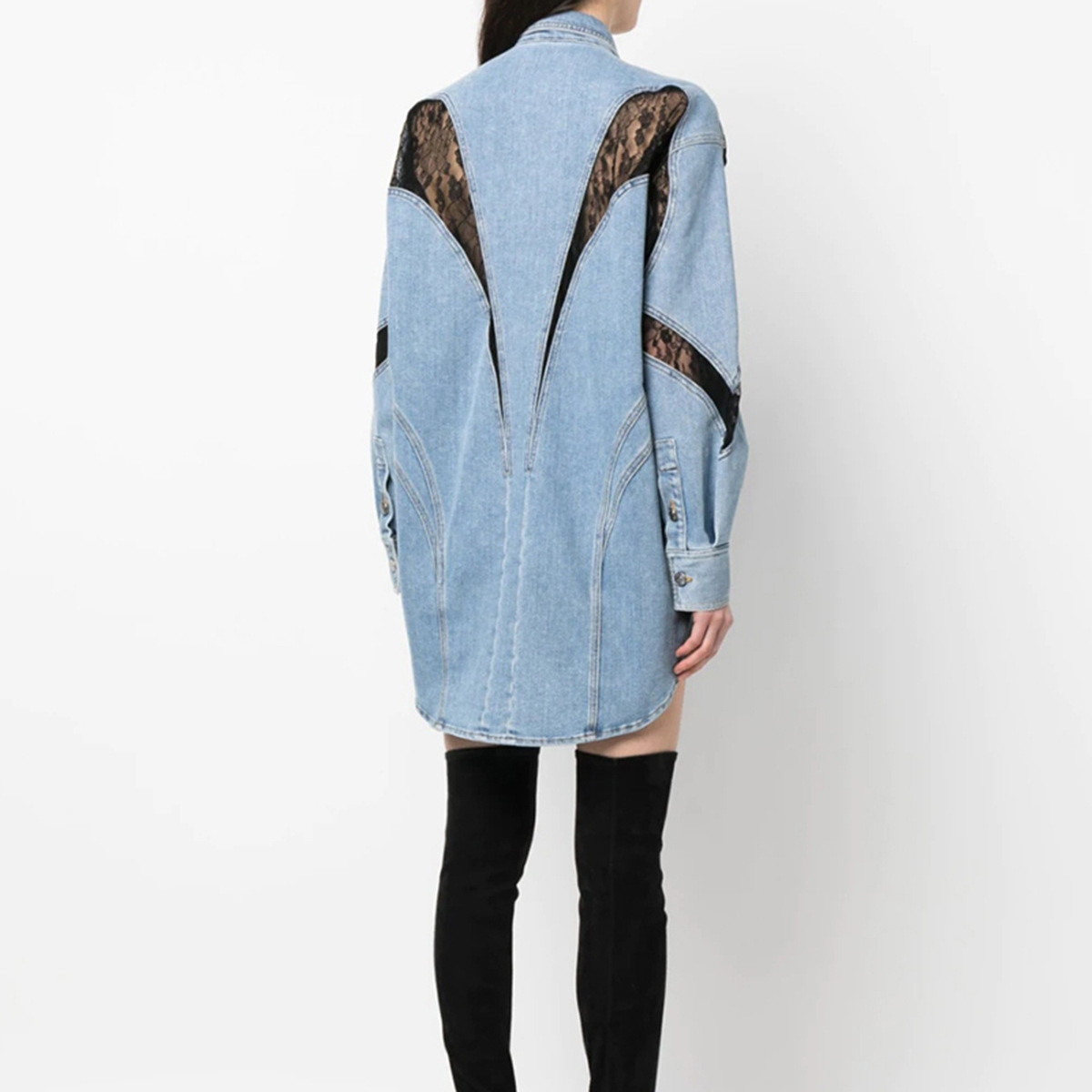 Lace Contrast-Color Oversized Shirt-Style Denim Jacket Coat 3