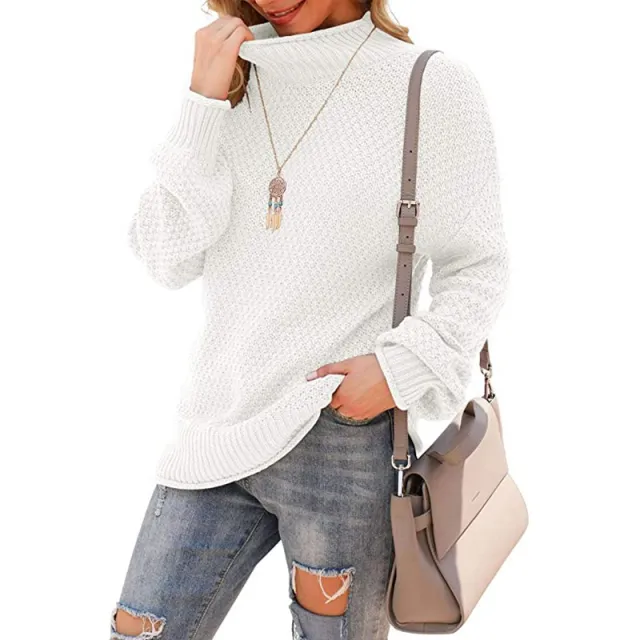 Half Turtleneck Plus Size Batwing Long Sleeve Pullover Loose Sweater White - Shop at LoveMi