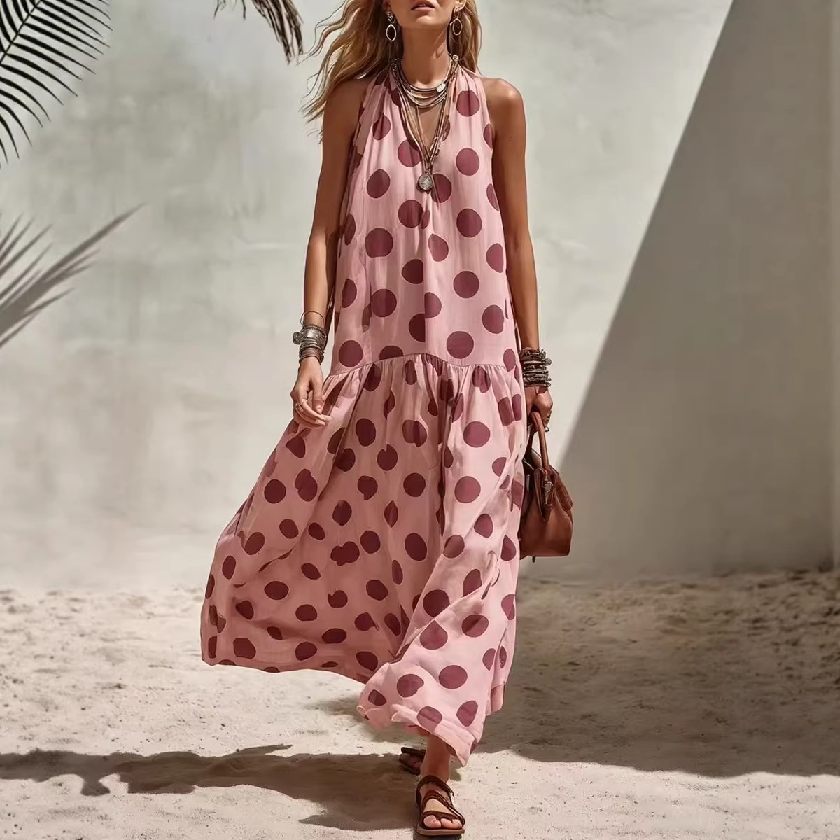 Women's digital print loose maxi dress in Pink – short sleeve knit dress styled for summer festival with sandals