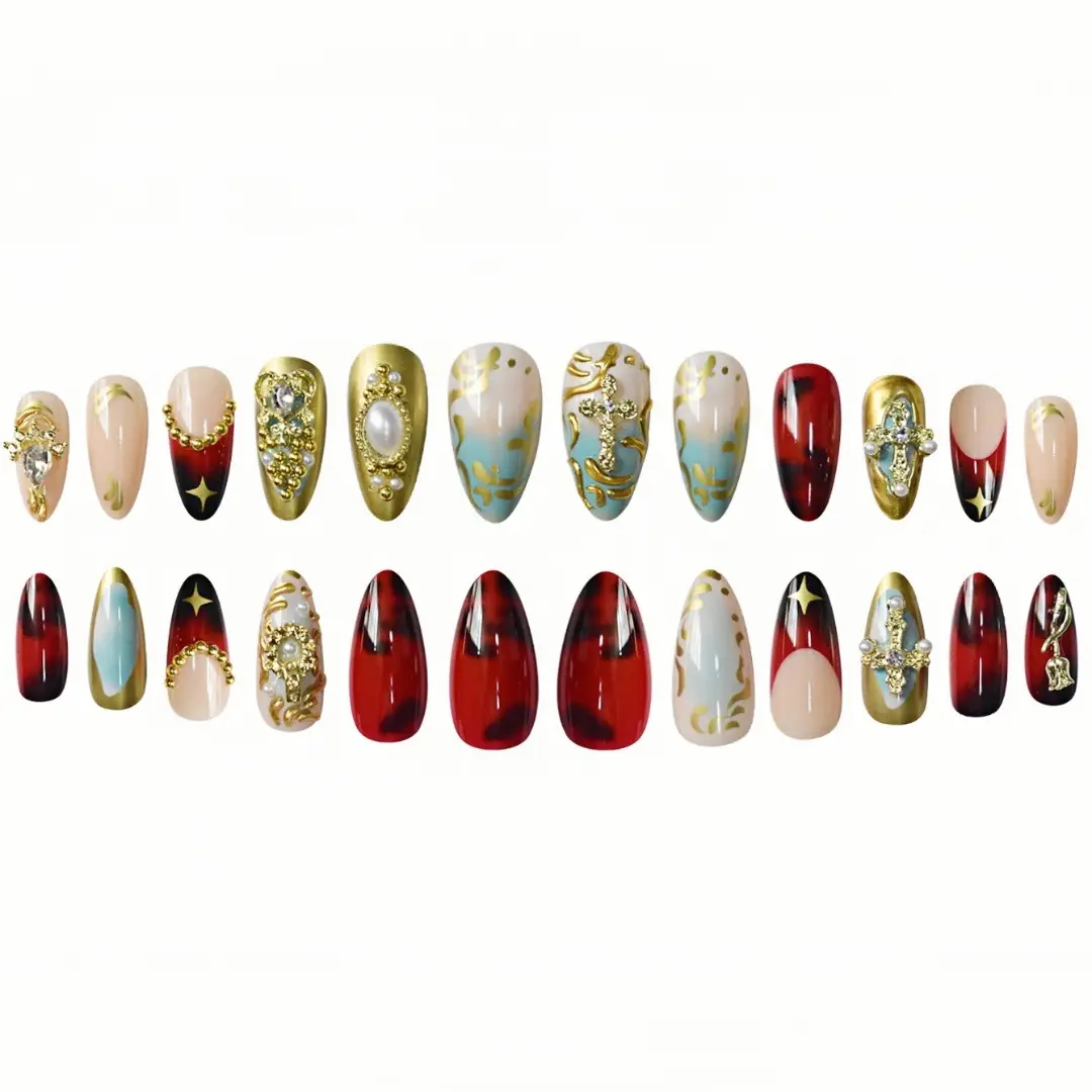 Best-selling Wine Red Gold Edge Wear Nail Patch Almond
