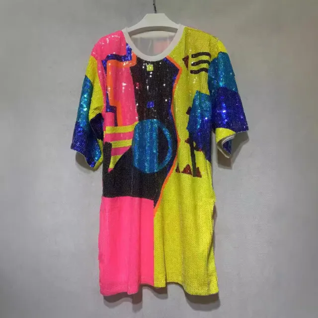 Sequins Loose fitting T shirt Round Neck Half Sleeve Top Rose Red Geometry - Shop at LoveMi