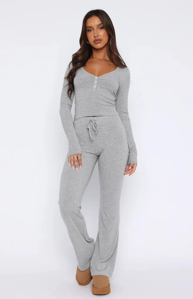 Women's Solid Color Rest Long Sleeve With Button Top And Trousers Light Gray - Shop at LoveMi