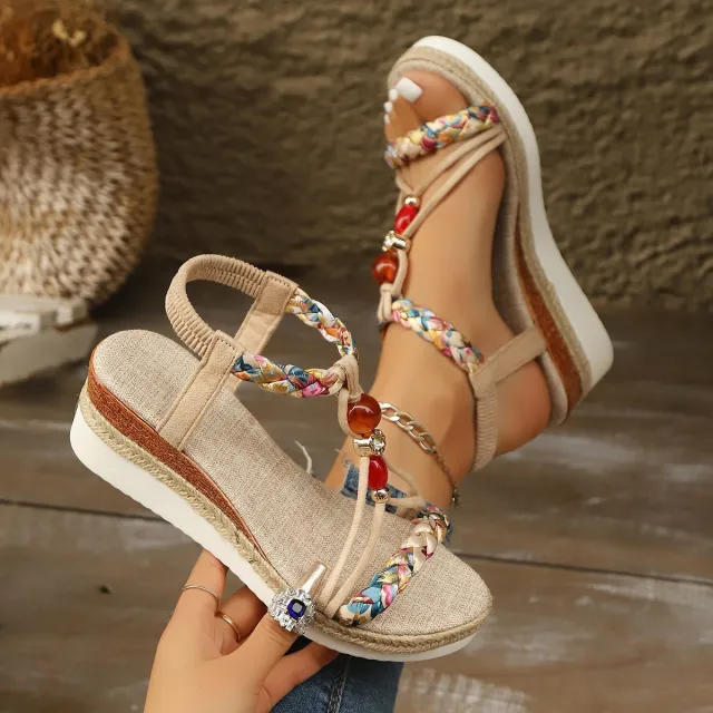 Rhinestone Beaded Wedge Fashion High Heels Platform Women Apricot - Shop at LoveMi