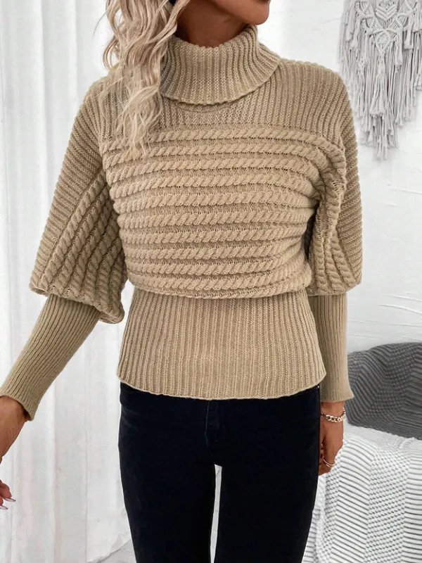 Women's Sweater Pullover High Neck Long Sleeves Knitwear Khaki - Shop at LoveMi