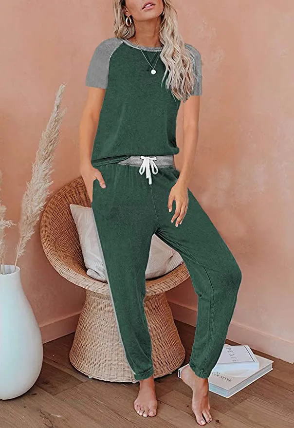 Solid Color Stitching Fashion Round Neck Short Sleeves Casual Suit Dark Green - Shop at LoveMi