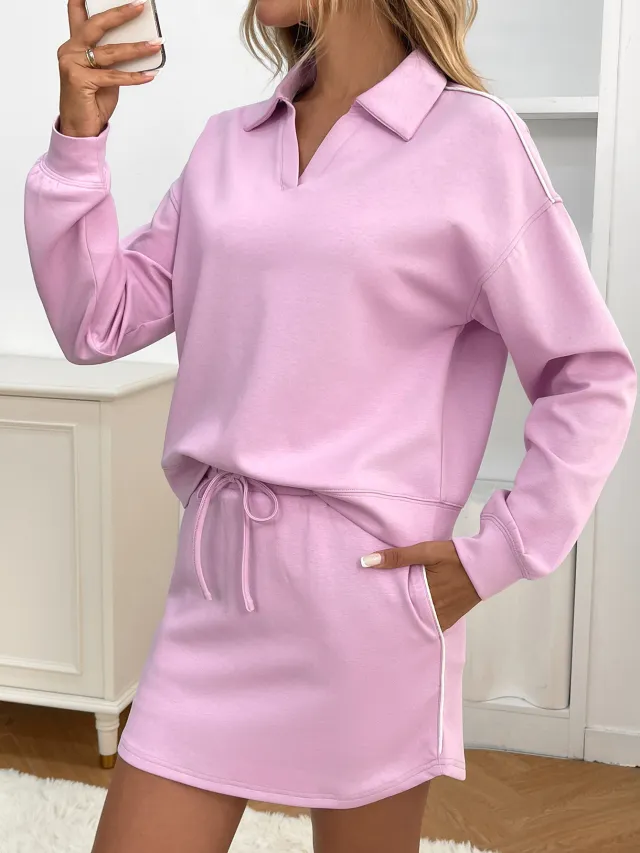 Casual Sport Lapel Long Sleeve Top With Pocket Skirt Set Pink Purple - Shop at LoveMi