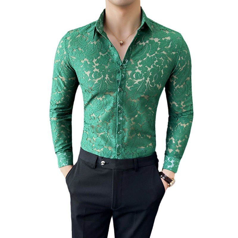 Spring And Summer Hollow Men's Polyester Long-sleeved Shirt