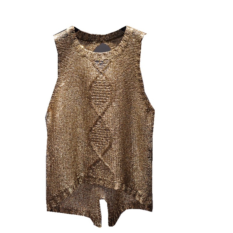 Hollow-out Crew Neck Split Sequin Sling Vest Sleeveless Top