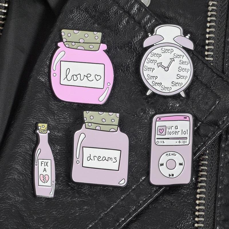 Title 4, Cute Cartoon Pink Alarm Clock Bottle Alloy Brooch