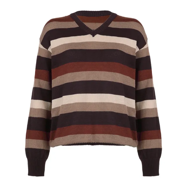 Niche Lazy Colorful Striped V neck Patchwork Loose Pullover Woolen Top Brown - Shop at LoveMi