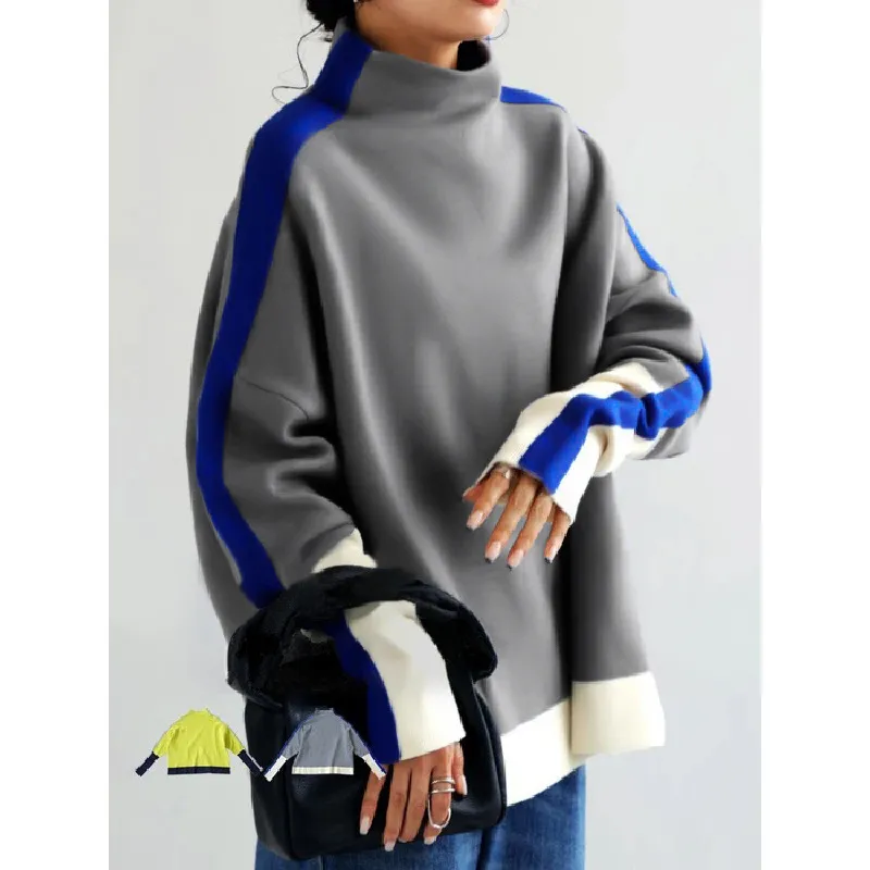 Long Sleeve Contrast Color Slit Turtleneck Hoodie And Sweatshirt - Gray