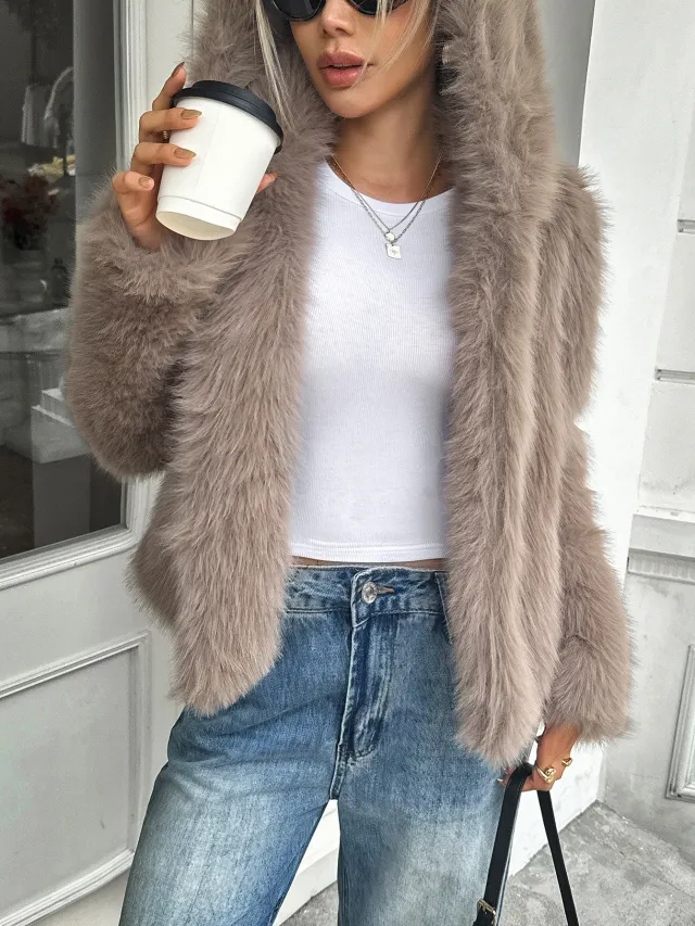 Fleece Long Sleeve Coat Women's Clothing Coffee - Shop at LoveMi