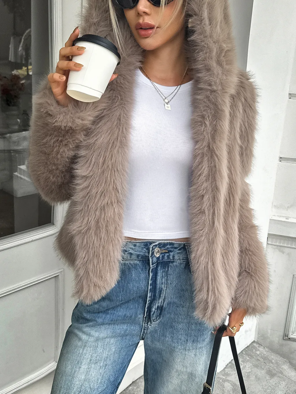 Fleece Long Sleeve Coat Women's Clothing - Coffee