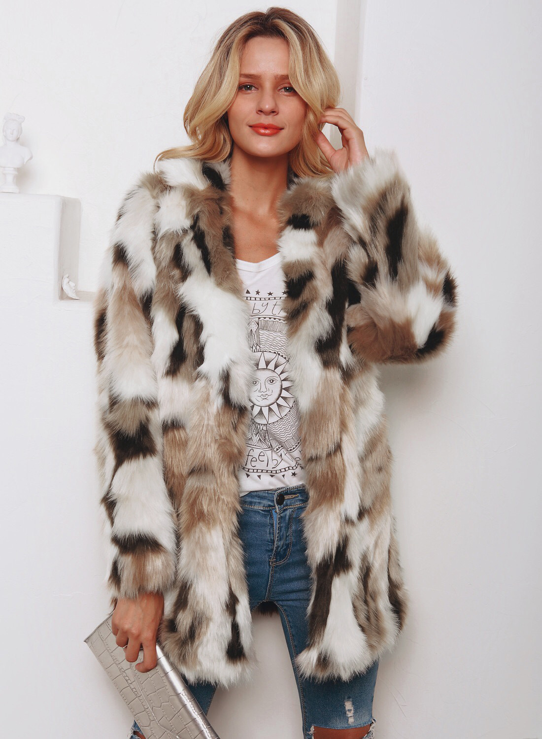 European And American Fashion Tailored Suit Collar Mixed Color Faux Fur Coat 13 European And American Fashion Tailored Suit Collar Mixed Color Faux Fur Coat