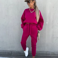 Solid Colour Hoodie Casual Two-piece Suit - Rose Red - View 1