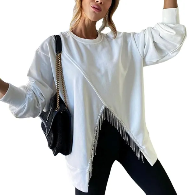 Women's Split Tassel Loose Casual Long Sleeves Top Solid Color Round Neck Sweater White - Shop at LoveMi