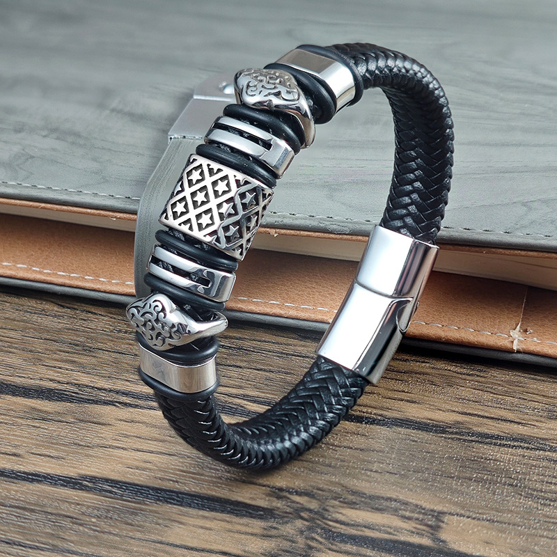 Vintage Carved Titanium Steel Braided Leather Bracelet For Men