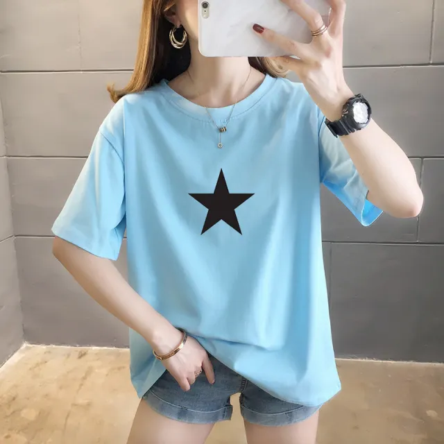 Summer New Pure Cotton Short Sleeve T shirt Women's Korean style Round Neck Printed Wear Top Blue - Shop at LoveMi