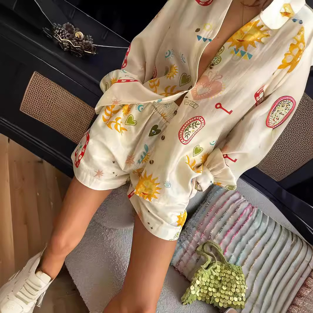 Women's Fashion Printed Linen Leisure All-matching Shirt Cardigan Shorts Suit