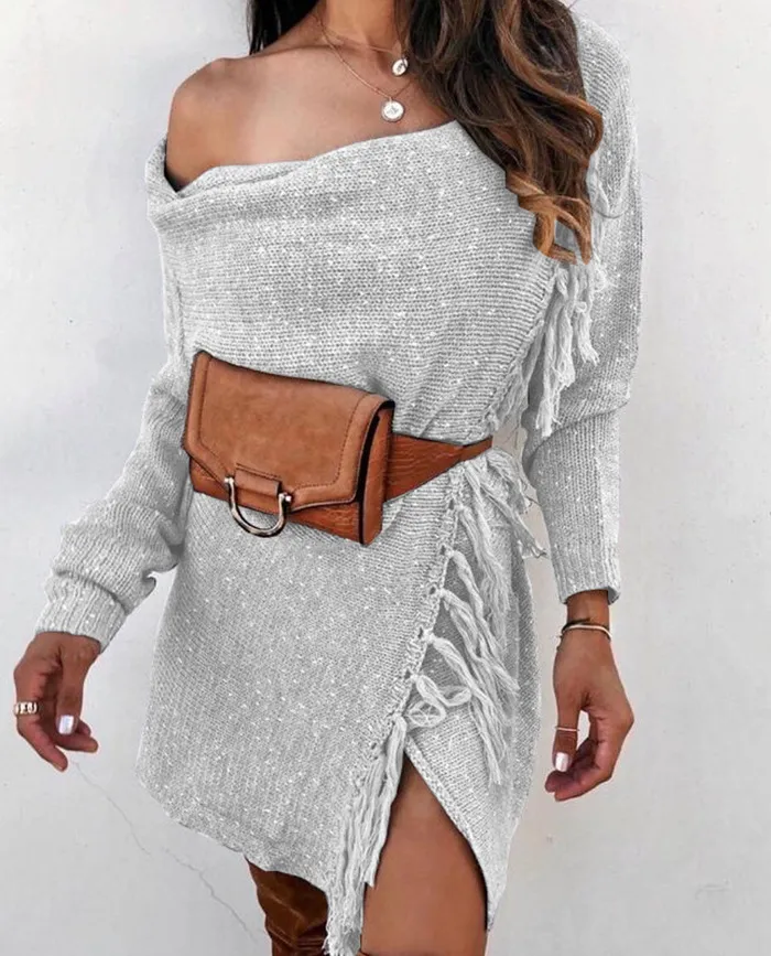 European And American Knitted Tassel Sweater Coat - Light Gray