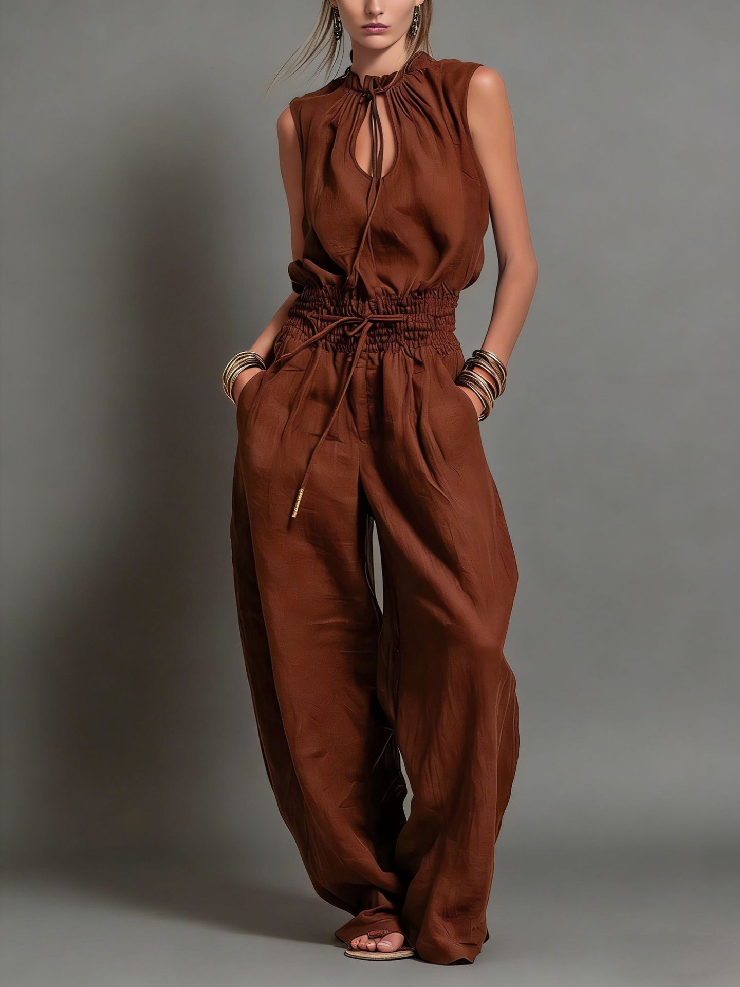 Women's high-waist wide-leg pleated jumpsuit color options: apricot, black, blue, brown, khaki