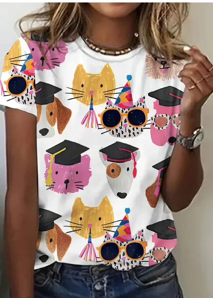 Animal Pattern Short Sleeve Round Neck T shirt Me13Hl250416Y003 - Shop at LoveMi