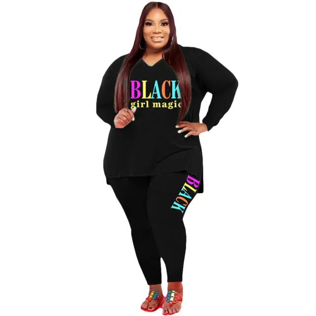 Women's Plus Size Sports And Leisure Printed Two piece Suit Black - Shop at LoveMi
