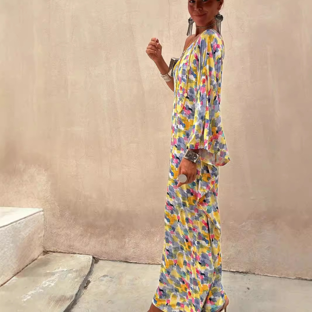 Women's Printed Slant Shoulder Loose Dress