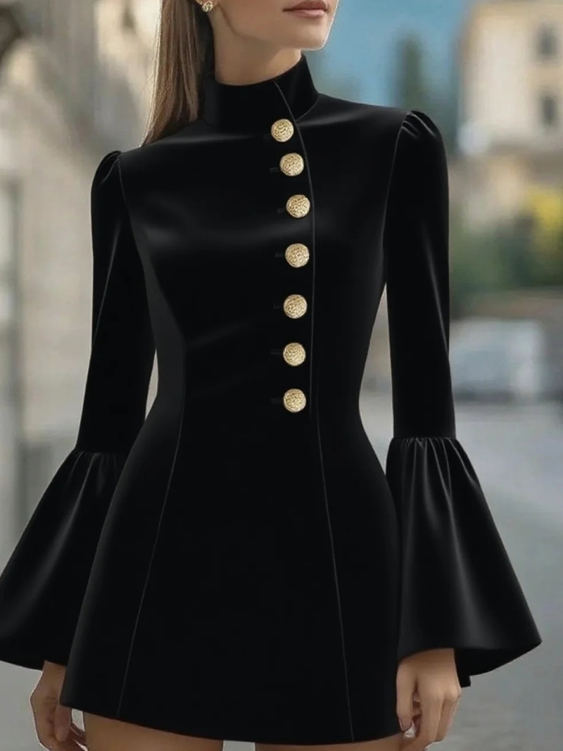 Solid Color Stand up Collar Flared Sleeves Business Suit And Dress Red - Shop at LoveMi
