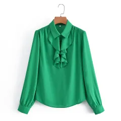 Women's Green Ruffled Lapel Long Sleeve Shirt - Green - View 1