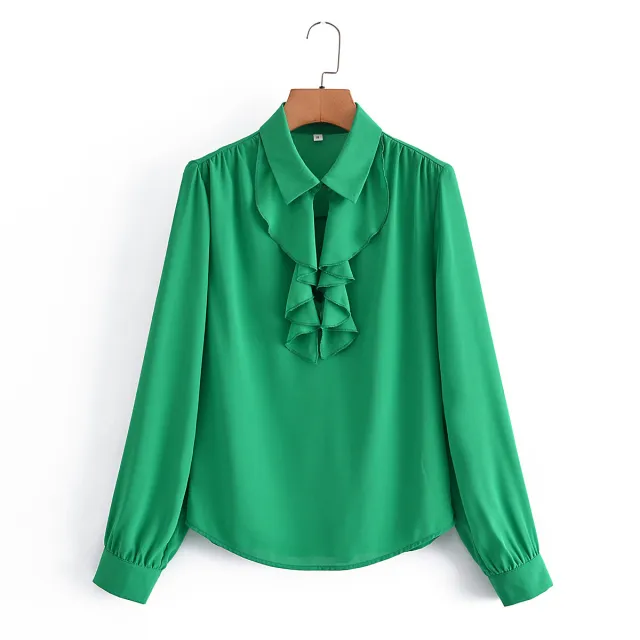 Women's Green Ruffled Lapel Long Sleeve Shirt Green - Shop at LoveMi