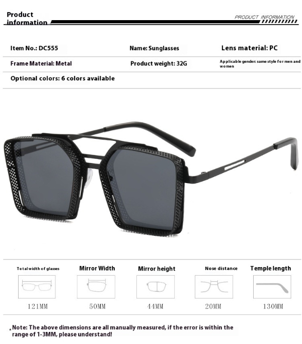 Steam Punk Sunglasses Men's Metal Hollow Square Frame Sunglasses Tide Double Beam Glasses