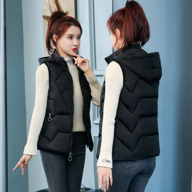 Ladies' Fashion Down Cotton Vest Short Mom Hooded Wear Warm Vest Black - Shop at LoveMi