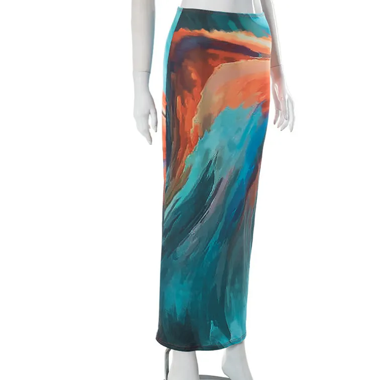 Casual Painted Print Bare Midriff Slim Fit Sheath Long Skirt - Printing 2-M