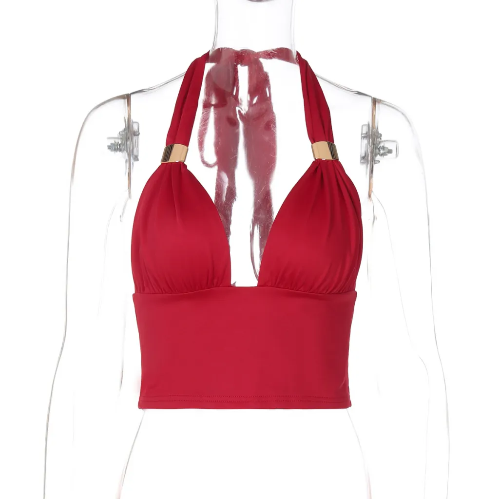 Deep V Metal Decorative Halter Backless Slim Fit Tied Tube Top - Red