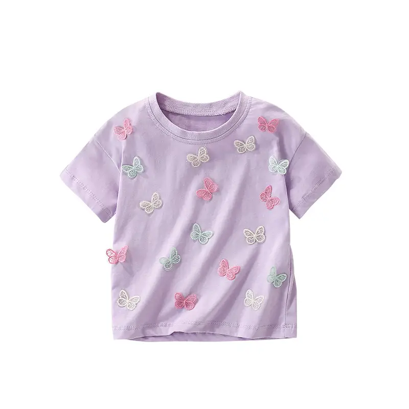 Girls' Short Sleeve T-Shirt with Butterfly Appliques