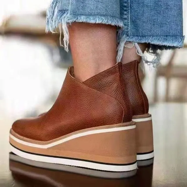 Wedge Thin Short Side Zipper Mid Heel Leather Surface Ankle Boots Brown - Shop at LoveMi