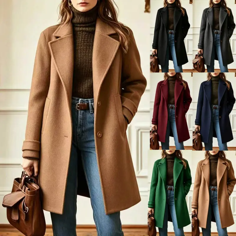 Elegant Midi-length Single-breasted Solid-color Wool Coat