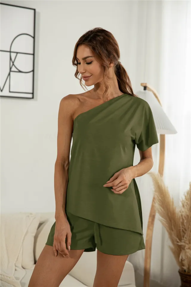Off the shoulder Short Sleeve Sloping shoulder Off The shoulder Casual Two piece Suit Green - Shop at LoveMi
