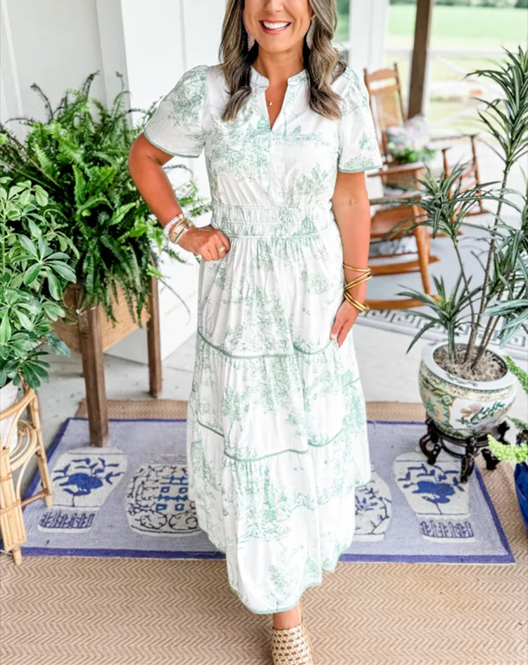 Fall Floral Print Slit Collar Length Dress