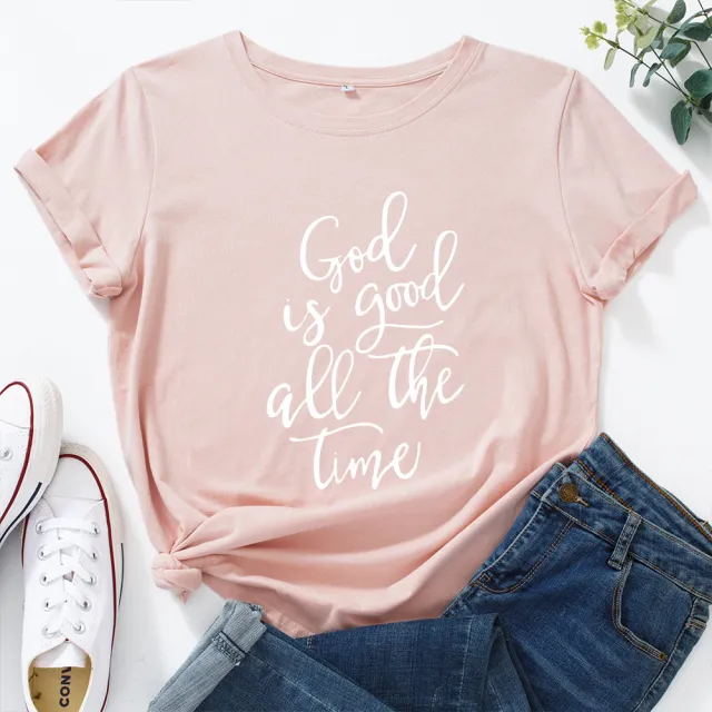 European And American Women's Clothing Cotton Loose Round Neck Letter Print Short Sleeve T shirt Light Pink - Shop at LoveMi