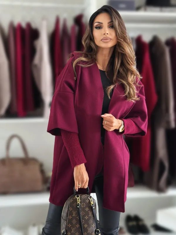 Fashion Loose Ladies Hooded Woolen Coat - Wine