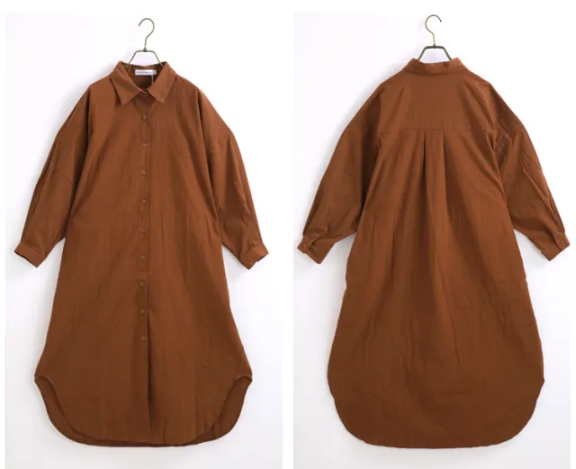 South Korea Idle Style Simple Long Below The Knee Shirt Solid Color Polo Collar Cardigan Shirt Caramel - Shop at LoveMi