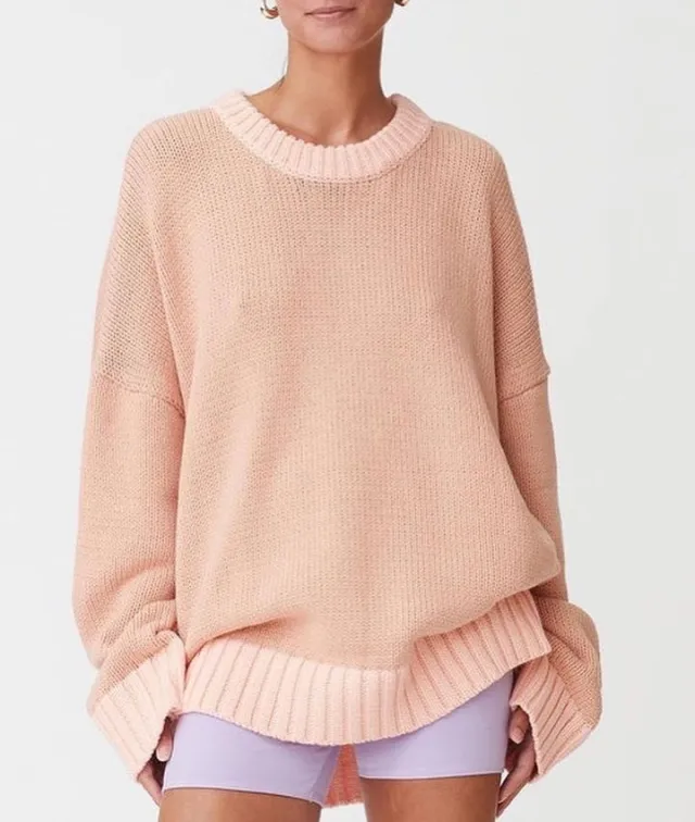 Popular Contrast Color Bright Loose Long Sleeve Pullover Sweater Lotus Root - Shop at LoveMi