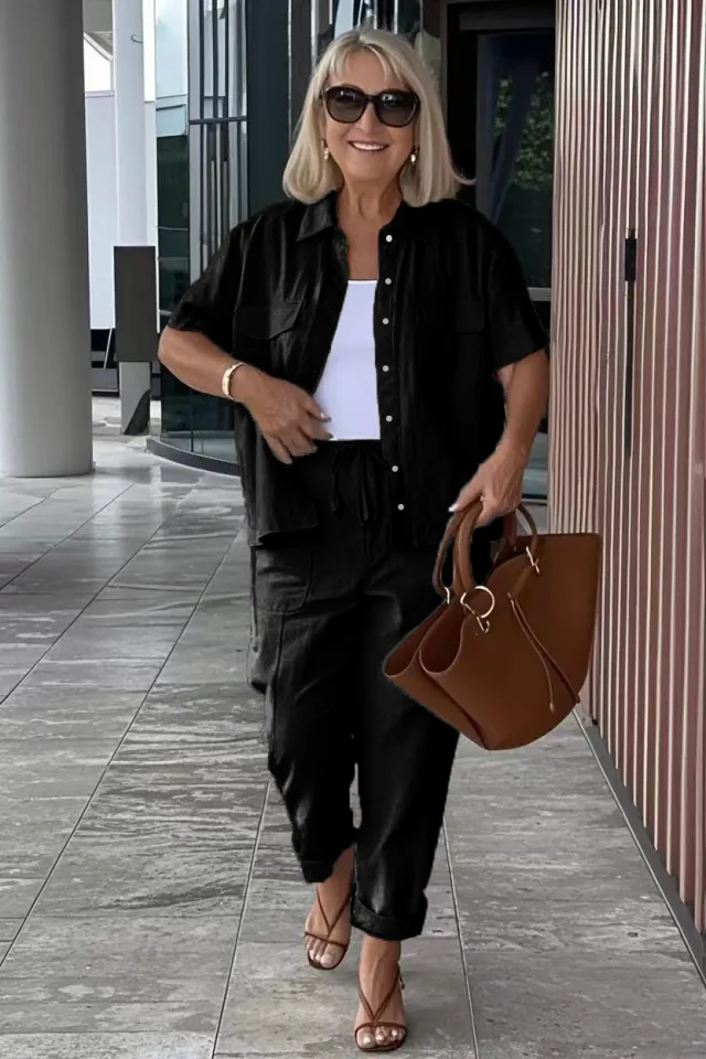 Casual Cotton And Linen Blazer Loose Trousers Suit Black - Shop at LoveMi