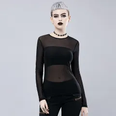 Punk See-through Mesh Hollow-out Breathable Inner Wear Solid Colour Long Sleeve T-shirt - Black - View 1