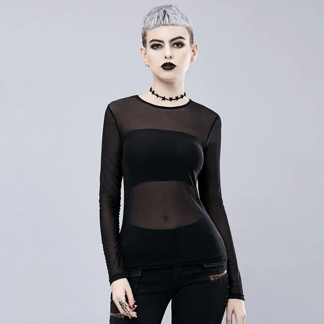 Punk See through Mesh Hollow out Breathable Inner Wear Solid Color Long Sleeve T shirt Black - Shop at LoveMi