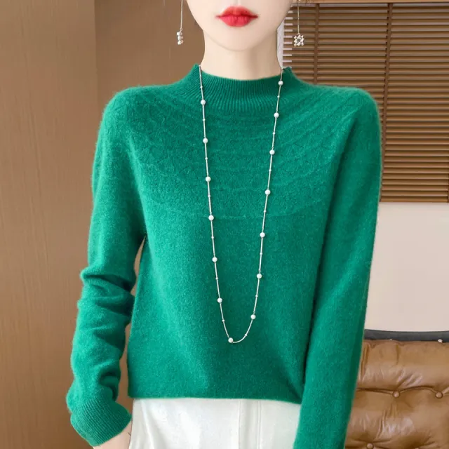 Front Line Ready made Garments Half collar Wool Sweater Women's Inner Wearing Hollow out Loose Knitted Base Emerald S - Shop at LoveMi