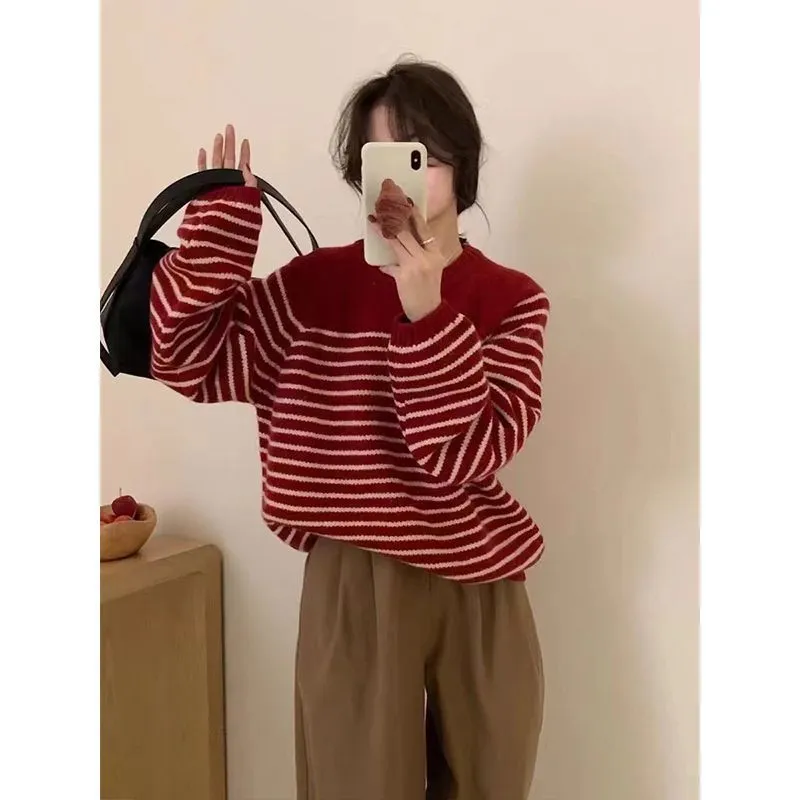 Striped Pullover Women's Spring And Autumn - Red