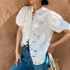 Women's Short-sleeved Cotton Embroidered Shirt - Beige - View 1